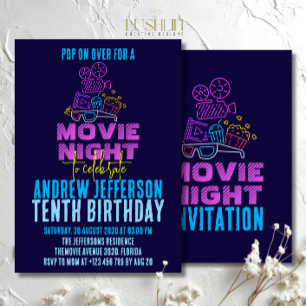 Convites Cinema Noturno Neon Birthday - Cinema em Festa Bri