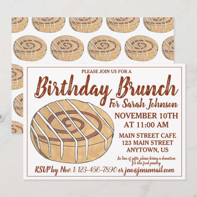 Convites Cinnamon Roll Bun Paery Festa de aniversário Brunc (Frente/Verso)