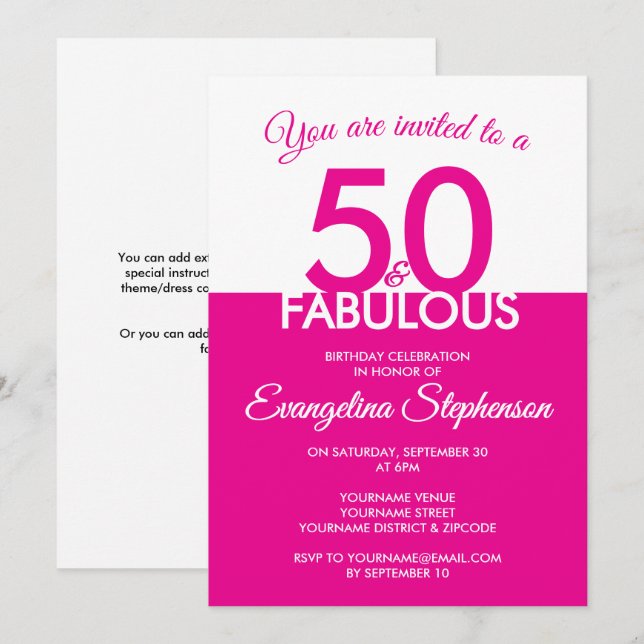 Convites Cinquenta Aniversário de 50 Anos Rosa Branco Moder (Frente/Verso)