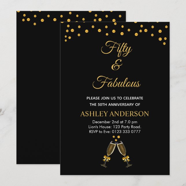Convites Cinquenta e Fabuloso com confete dourado em preto (Frente/Verso)