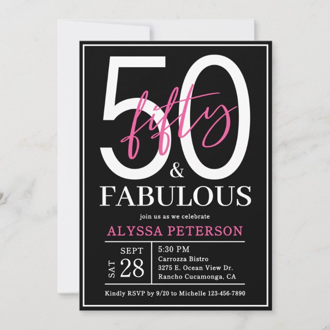 Convites Cinquenta e Fabuloso Script Preto 50º Aniversário (Frente)