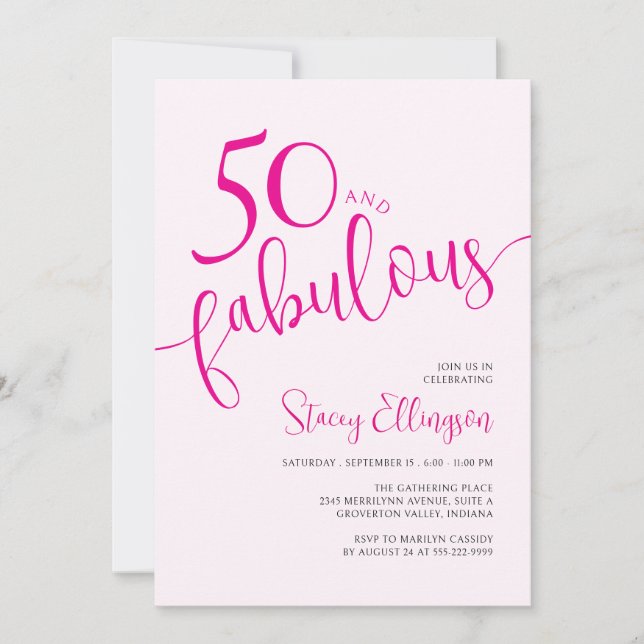 Convites Cinquenta e Fabuloso Script Rosa Aniversário de 50 (Frente)