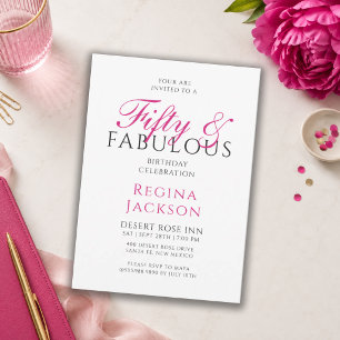 Convites Cinquenta e Fabuloso Script Rosa Aniversário de 50