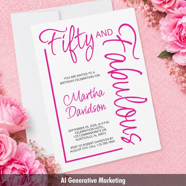 Convites Cinquenta e Fabuloso Script Rosa Aniversário de 50 (Fifty and Fabulous Pink Script 50th Birthday Invitation)