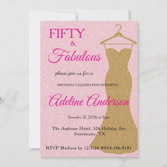 Convites Cinquenta e Fabuloso Script Rosa Dourado Aniversár (Frente)