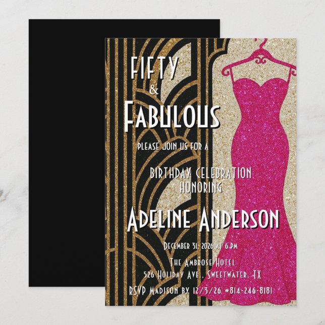Convites Cinquenta e Fantástico Preto Dourado Rosa Art Déco (Frente/Verso)