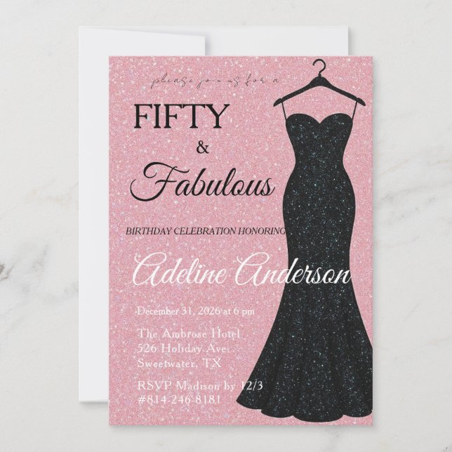 Convites Cinquenta e Fantástico Preto e Rosa Brilho 50º Ani (Frente)