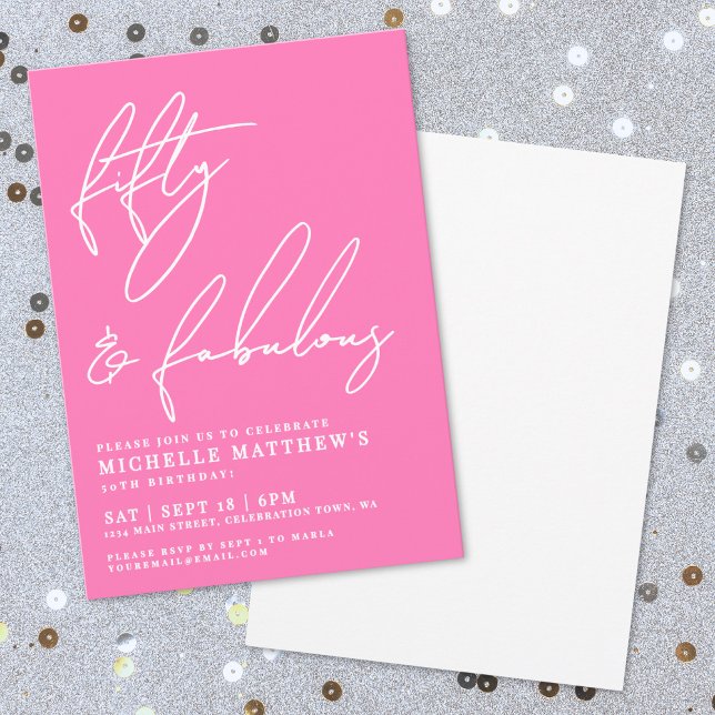 Convites Cinquenta e Fantástico Rosa Quente Aniversário de  (Fifty And Fabulous Hot Pink 50th Birthday Invitation)