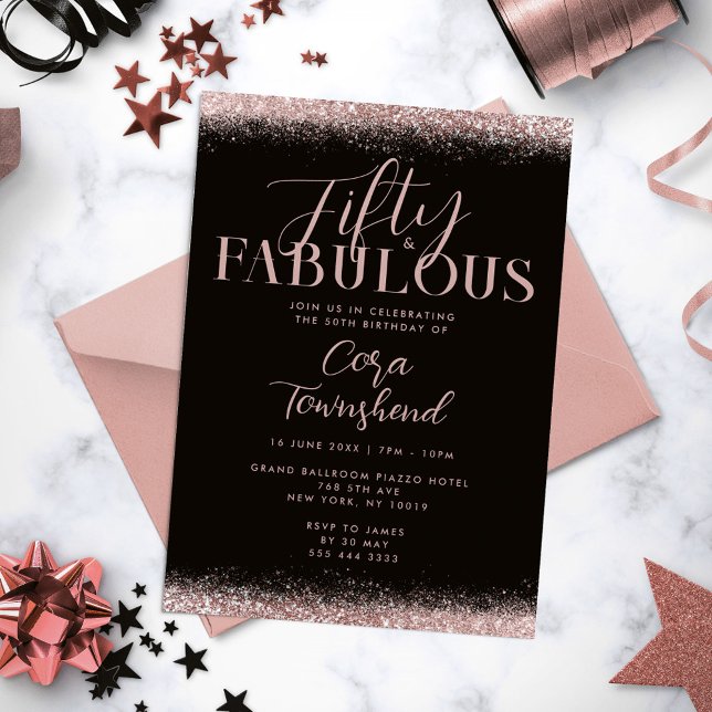 Convites Cinquenta & Fabuloso Brilho Dourado Rosa Aniversár (Fifty & Fabulous Rose Gold Glitter 50th Birthday Invitation)