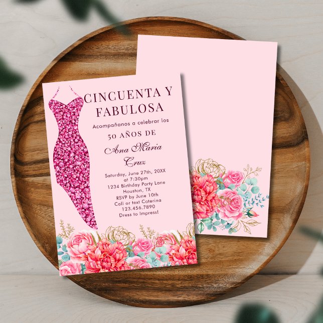 Convites Cinquenta & Fabuloso Flores Rosa Espanhol Aniversá (Criador carregado)