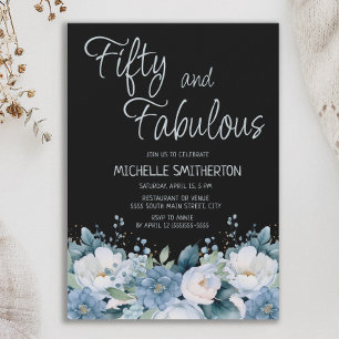 Convites Cinquenta Fabulosos Dusty Blue Branco Floral Preto