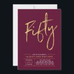 Convites Cinquenta | Moderna Dourada e Borgonha 50.a Festa<br><div class="desc">Celebre seu dia especial com este simples convite de festas na moda. Este design apresenta um script de pincel chic "Cinquenta" com um layout limpo na combinação de cores vermelho e dourado. Há mais designs e suprimentos de festas disponíveis no meu compro,  BaraBomDesign.</div>