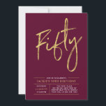 Convites Cinquenta | Moderna Dourada e Borgonha 50.a Festa<br><div class="desc">Celebre seu dia especial com este simples convite de festas na moda. Este design apresenta um script de pincel chic "Cinquenta" com um layout limpo na combinação de cores vermelho e dourado. Há mais designs e suprimentos de festas disponíveis no meu compro,  BaraBomDesign.</div>