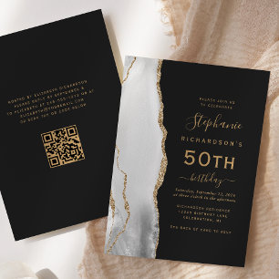Convites Cinquentenário Código QR Ágata Branco Dourado