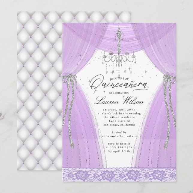 Convites cintilação de candelabro roxo luxuoso Quinceanera (Frente/Verso)