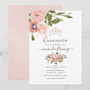 Convites Cintura floral de aquarelas e Quinceañera Rosa Dou