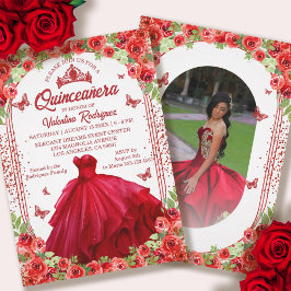 Convites Cintura Floral de Brilho Vermelho Quinceanera