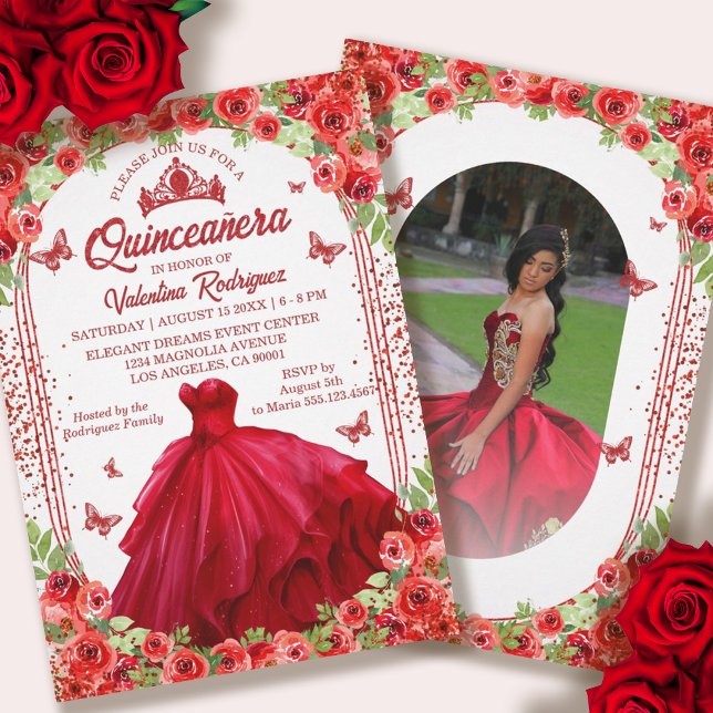 Convites Cintura Floral de Brilho Vermelho Quinceanera (Red Glitter Floral Sparkle Quinceanera Invitation)