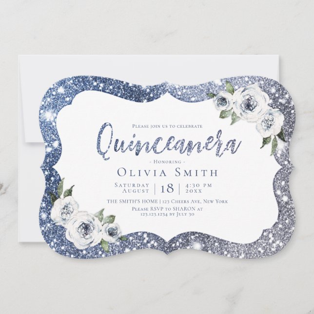 Convites Cinturão azul-faísca e Quinceanera floral (Frente)