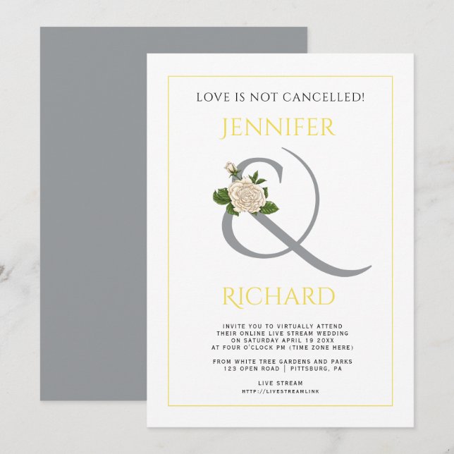 Convites Cinza, ampersas amarelas e casamento virtual (Frente/Verso)