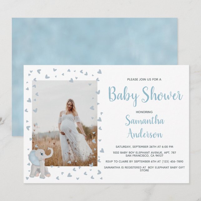 Convites Cinza Azul-Cachorro Foto Por Aquarela De Elefante  (Frente/Verso)