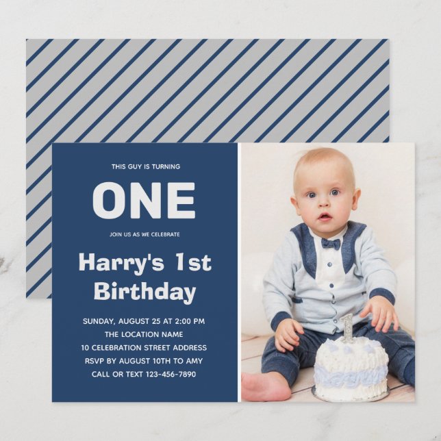 Convites Cinza Azul de Fotografia Personalizada | PRIMEIRO  (Frente/Verso)