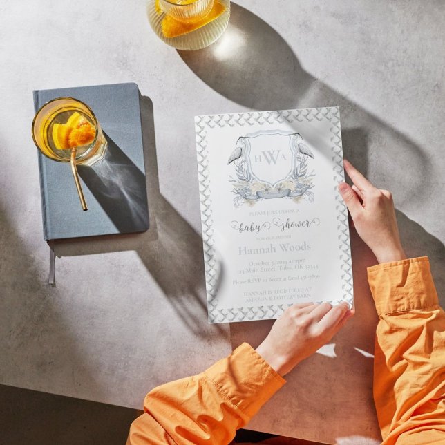 Convites Cinza Azul Heron Monograma Chá de fraldas de repou (Criador carregado)