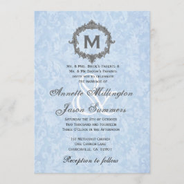 Convites Cinza Azul-Vintage Monograma Casamento