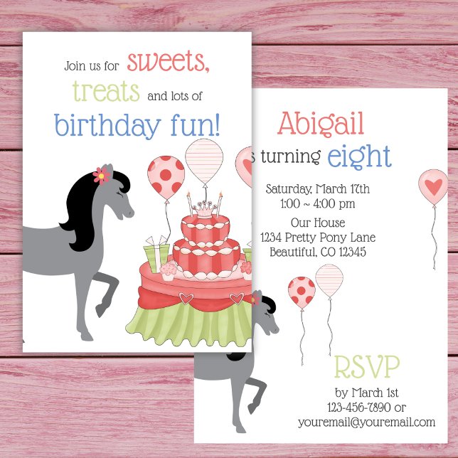 Convites Cinza bonito Rosa, Verde, Festa de aniversário Azu (Pretty Grey Horse Pink, Green, Blue Birthday Party Invitation)