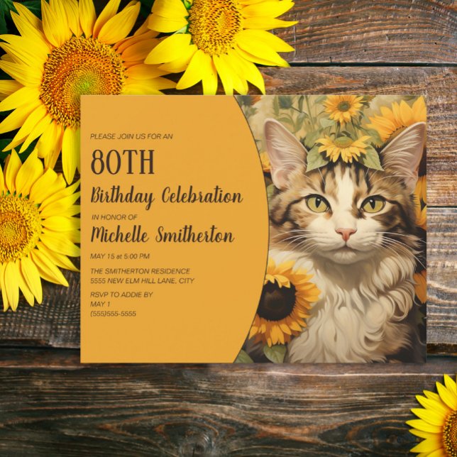Convites Cinza Branca Gato Amarelo Girassóis 80 Aniversário (Gray and white cat and sunflowers women's 80th birthday party invitation)
