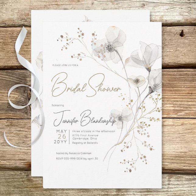 Convites Cinza Branca Moderna e Chá de panela Floral Dourad (Modern White Gray & Gold Floral Bridal Shower Invitation)