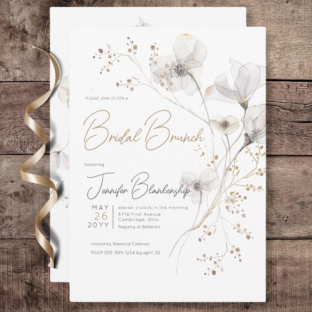 Convites Cinza Branca Moderna e Dourada Bridal Bridal Brunc (Modern White Gray & Gold Floral Bridal Brunch Invitation)
