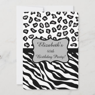 Convites Cinza Branca Negra Zebra Leopardo aniversário de 4