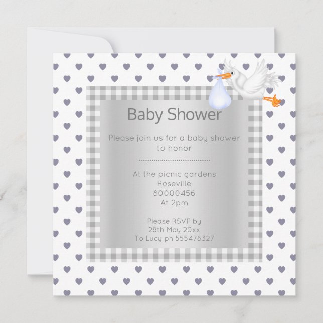 Convites Cinza branco Gingham Babyshower solteiro (Frente)