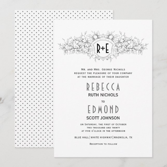 Convites Cinza da crista heráldica com iniciais de casament (Frente/Verso)