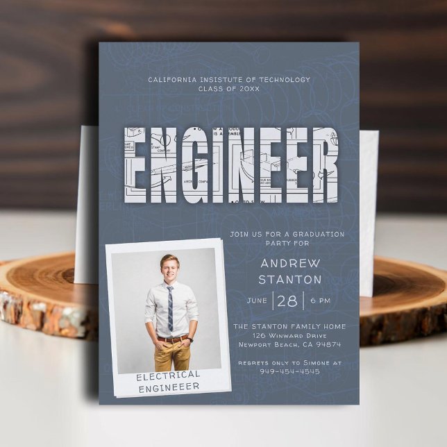 Convites Cinza da tecnologia de Engenheiro de formandos (college grad engineering engineer graduation ceremony party invitation gray blue technical science)