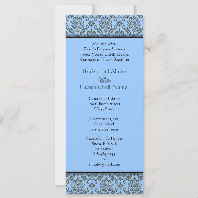 Convites Cinza Damask On Aqua Blue Weditation (Frente)