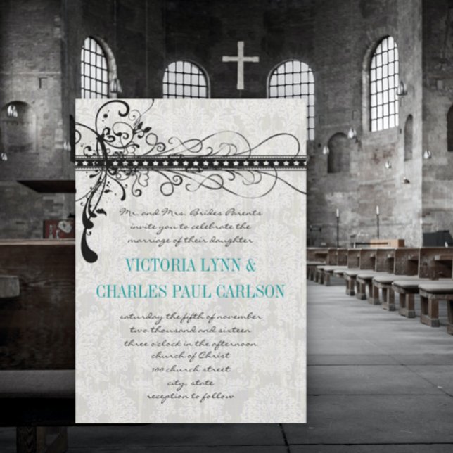 Convites Cinza Damask Renaissance Photo Invitation (Criador carregado)