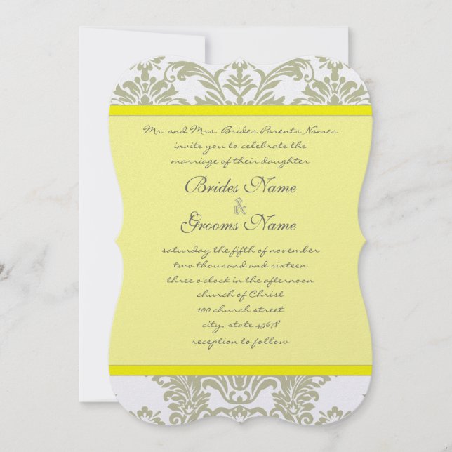 Convites Cinza Damask Swirls Bight Yellow Weditation (Frente)