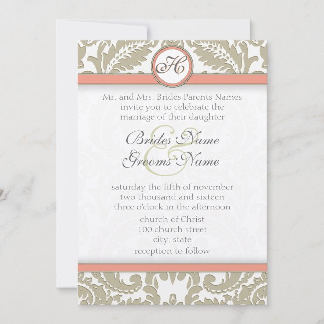 Convites Cinza Damask with Coral & Cinza Wedings Invtions (Frente)