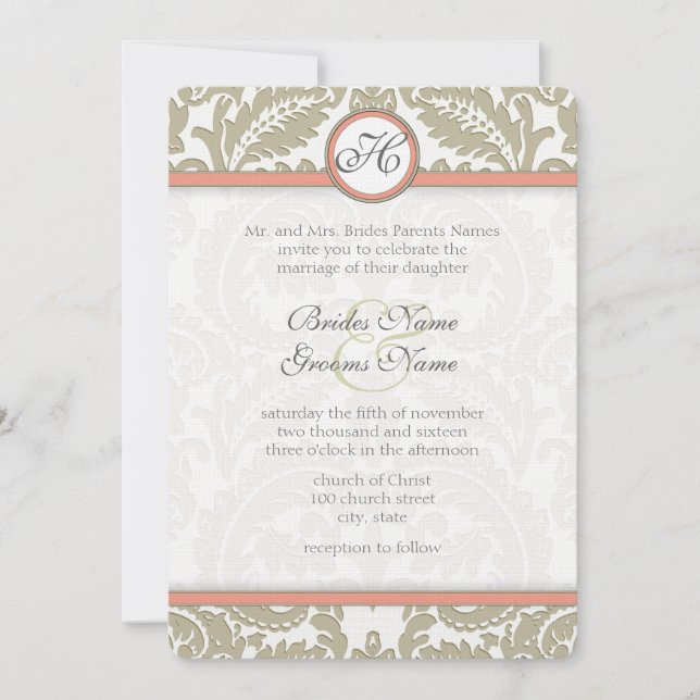 Convites Cinza Damask with Coral & Greige Wedding (Frente)