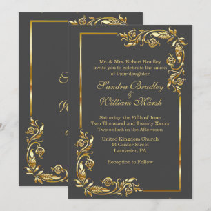 Convites Cinza de carvão elegante com quadro de ouro com Im