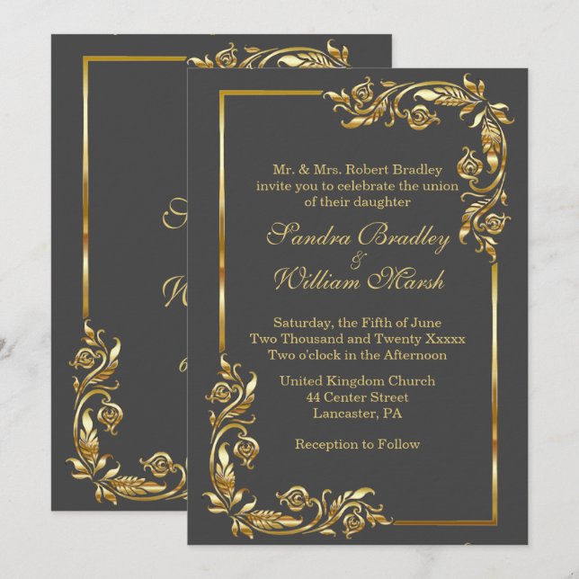 Convites Cinza de carvão elegante com quadro de ouro com Im (Frente/Verso)