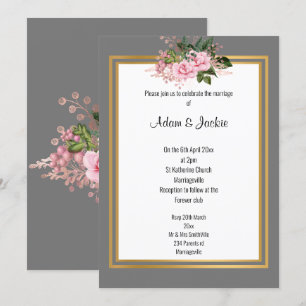 CONVITES CINZA DE CASAMENTO ELEGANTE DE TRIM DE ROSE DOURAD