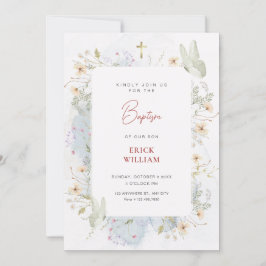 Convites Cinza de flores silvestres brancas aquarela batism