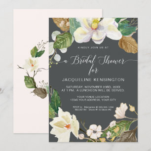 Convites Cinza de Folhagem Floral de Magnolia Branca