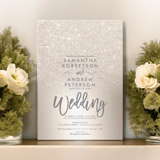 Convites Cinza de folhas metálicas ombreiras de ouro chico  (Chic gold glitter ombre metallic foil grey wedding invitation)