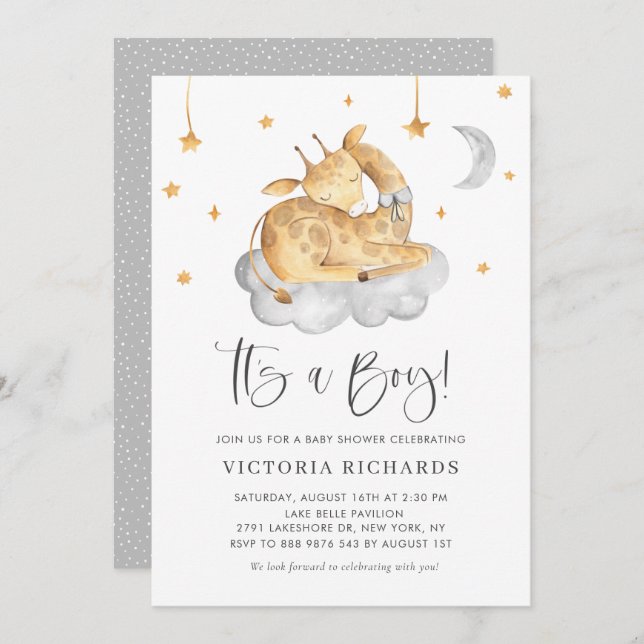Convites Cinza de girafa adormecida, é um Chá de fraldas (Frente/Verso)
