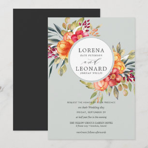 Convites cinza de luz de casamento com flores pintadas mono