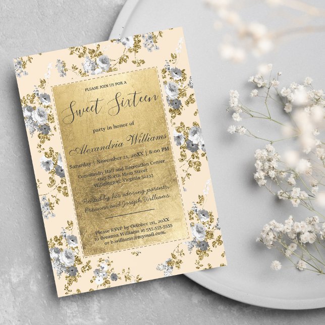 Convites Cinza de marfim-quic - floral floral Sweet 16 Invi (Chic ivory gray gold glitter floral Sweet 16 )